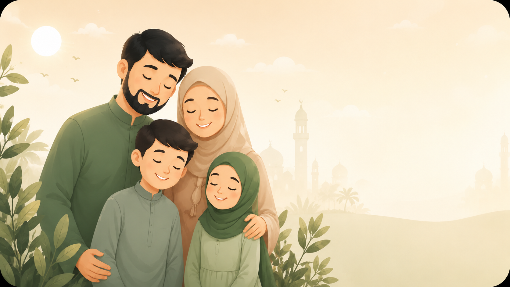 A Muslim family standing together in warm morning light