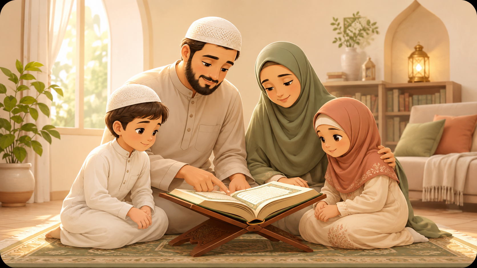 A family reading the Quran together at home