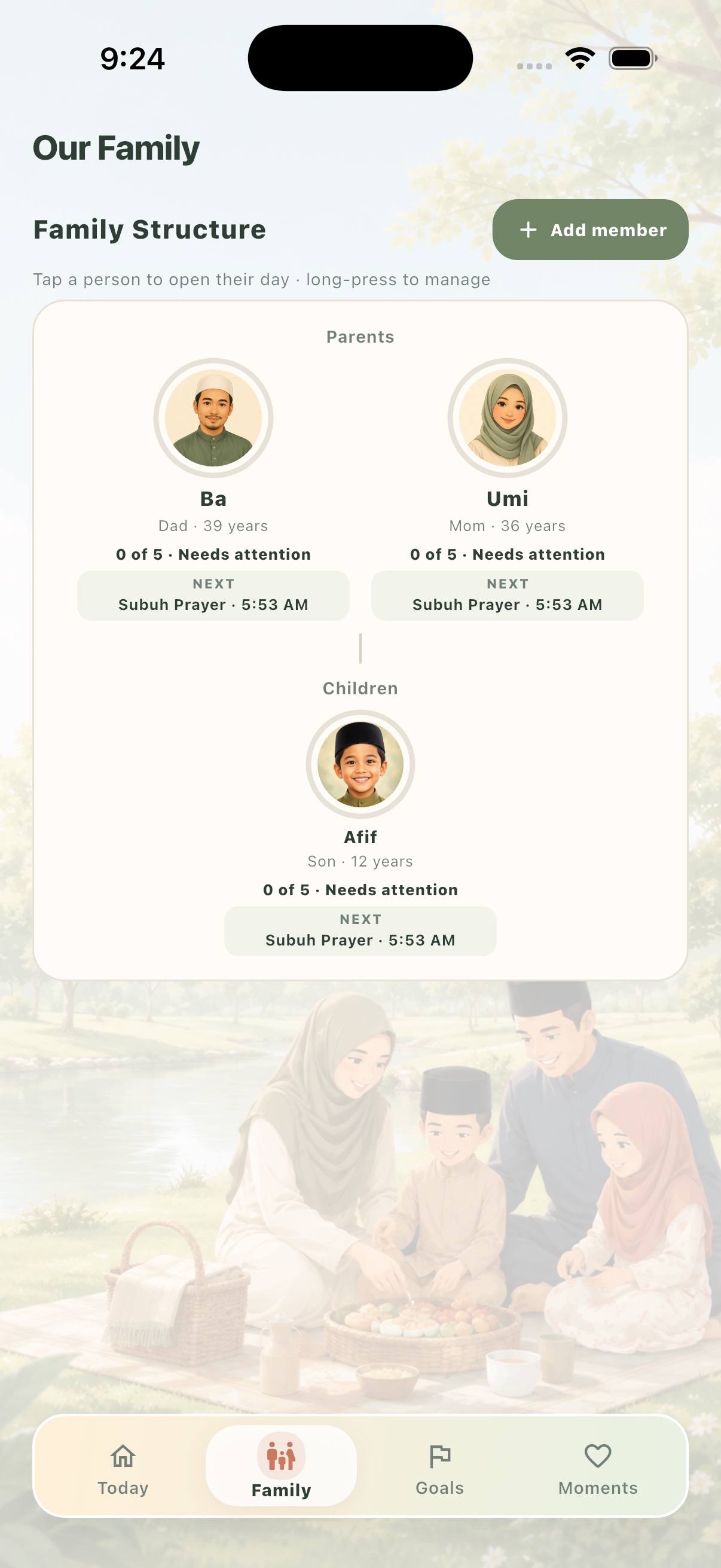 USRATI Family screen showing the family structure with each member's profile and next prayer