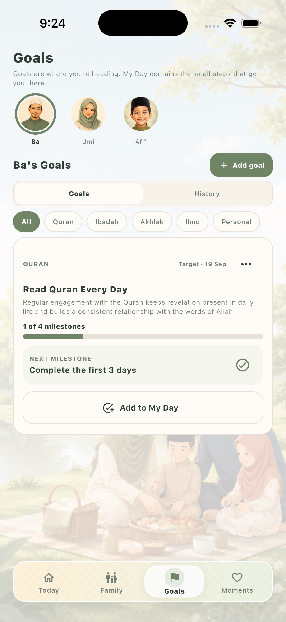 USRATI Goals screen showing a family goal with milestone progress