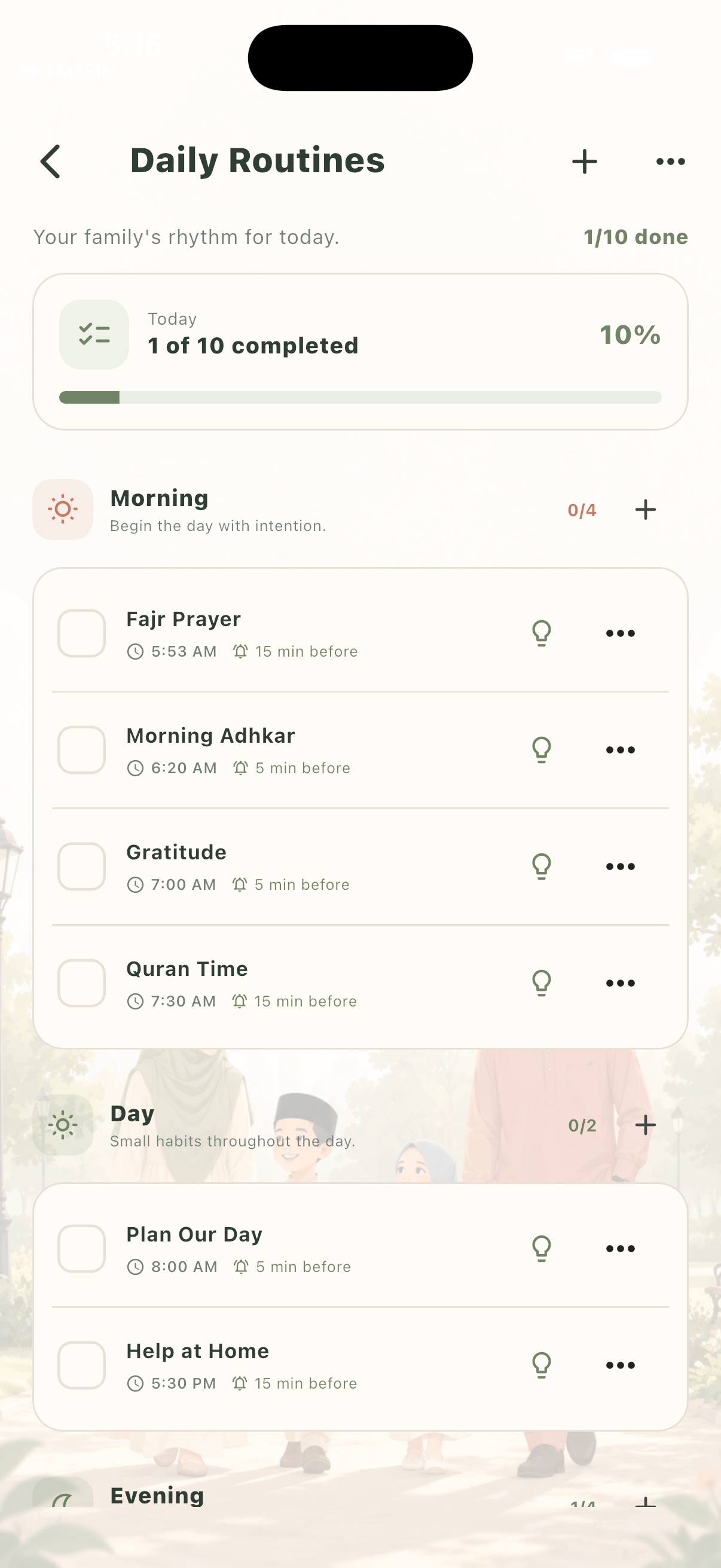 USRATI Daily Routines screen showing morning, day and evening routines