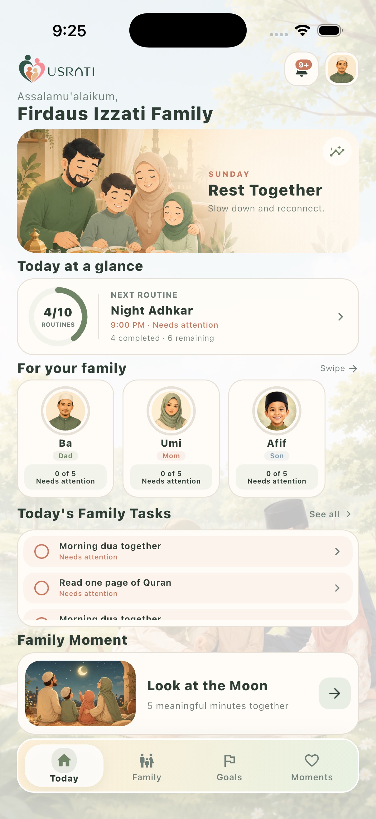 USRATI Today screen — daily hero, today at a glance and family cards